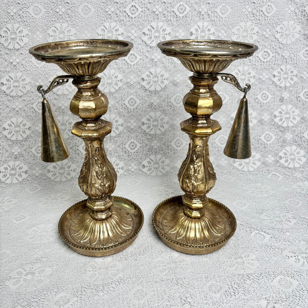 Vintage Brass Bell Snuffer Candlesticks Set of 2 Ornate Candle Holders